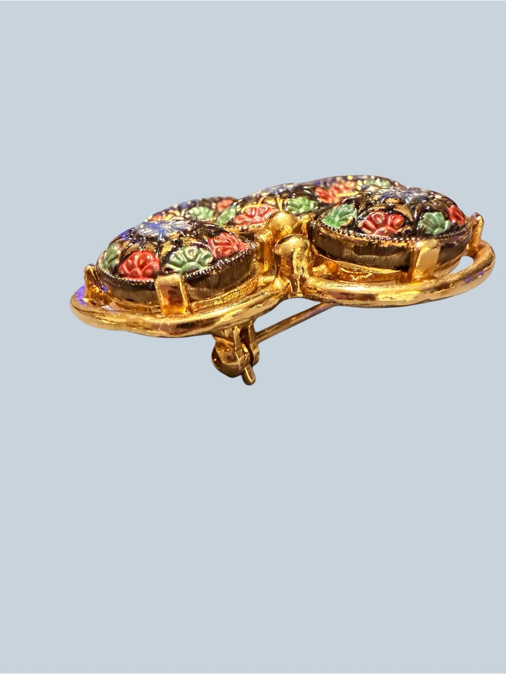 Sarah Coventry Hand Painted Gold-Tone Floral Enamel Brooch - Blue, Red, Green - Picture 3 of 11